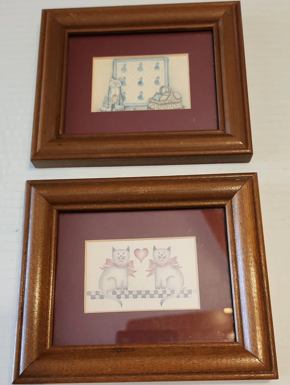Cat Wall Art In Mini Petite Brown Wood Frame with Plum Mat (Set of 2)